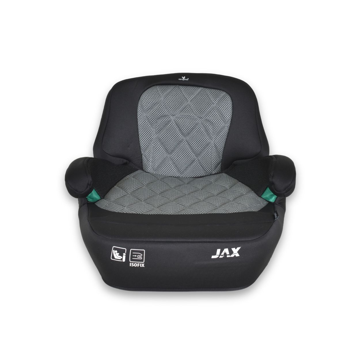 Schwarz-grauer Kindersitz mit der Marke JAX. Es hat ISOFIX.