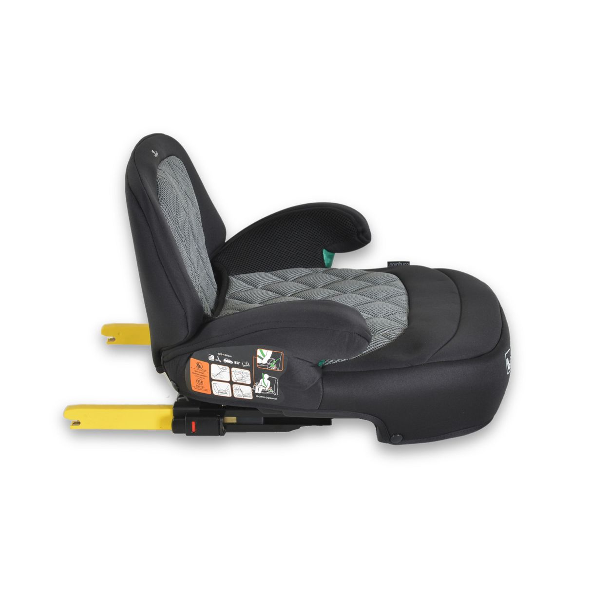 Ein schwarzer und grauer Kindersitz mit gelben Isofix-Befestigungen, Seitenansicht.