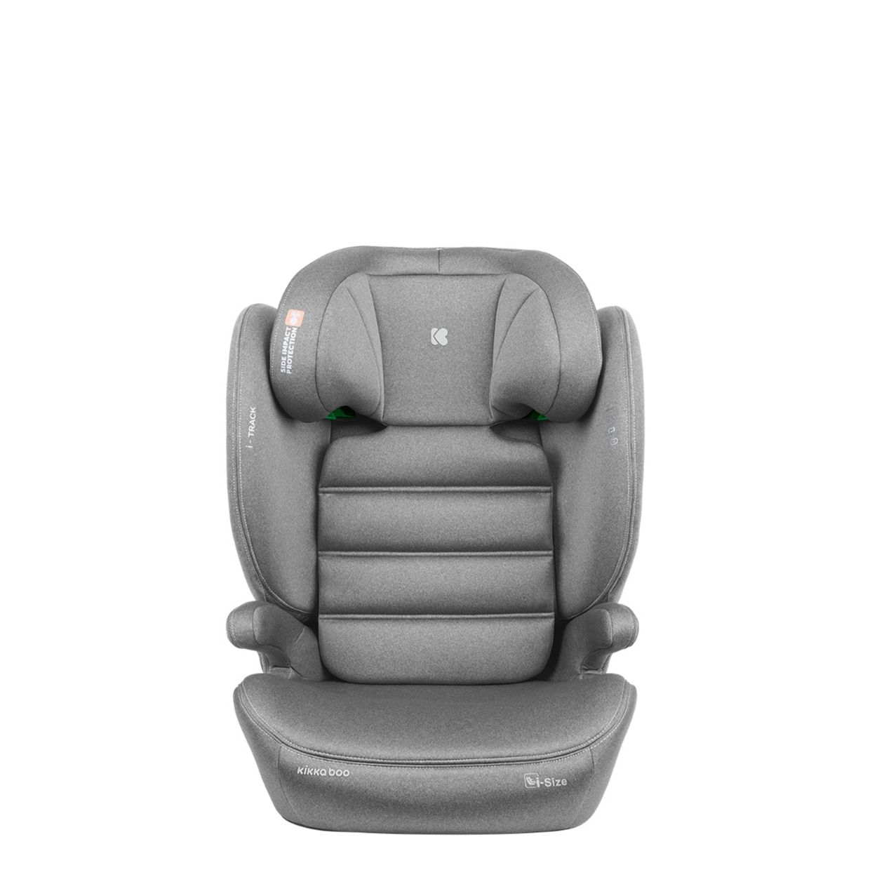 Ein grauer Kinderautositz mit Seitenaufprallschutz, Frontansicht auf Weiß.