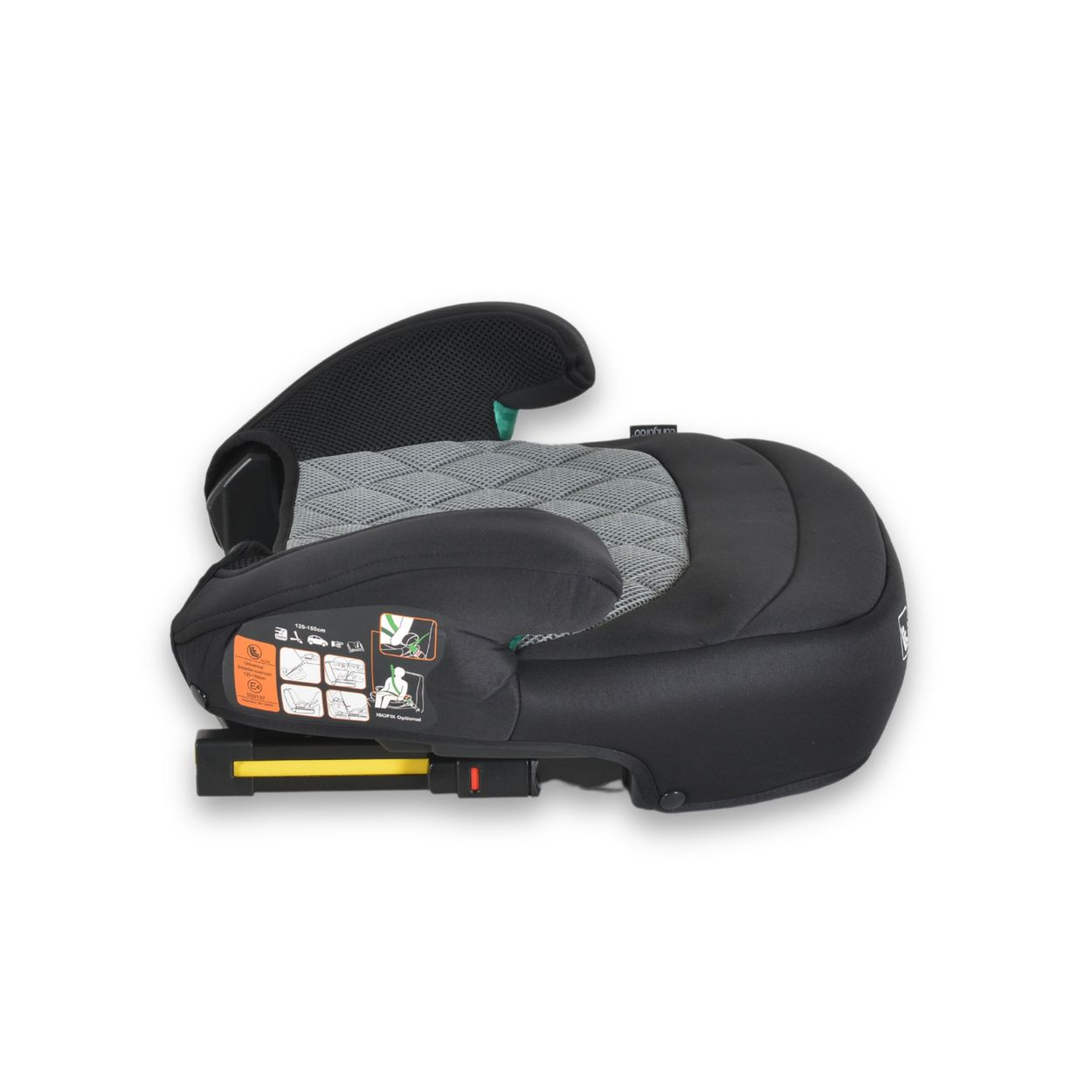 Ein schwarzer und grauer Kindersitz mit gelben Isofix-Befestigungen, Seitenansicht.