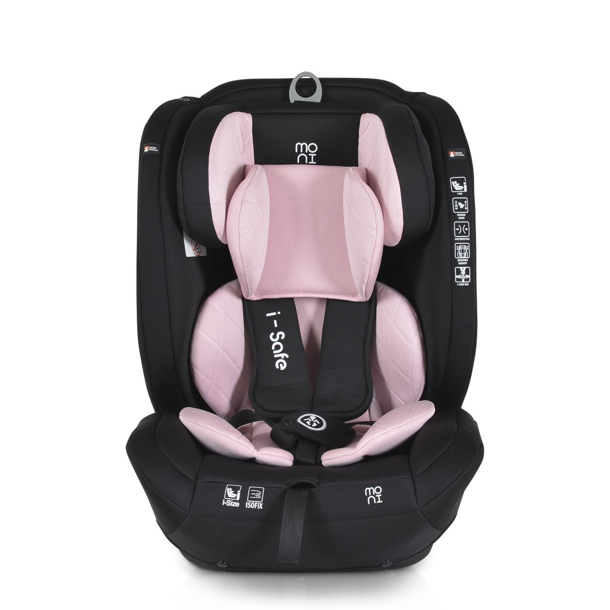 Schwarzer und rosa Autositz mit Kopfstütze und Gurten. Er hat das i-Safe Logo auf der Vorderseite.