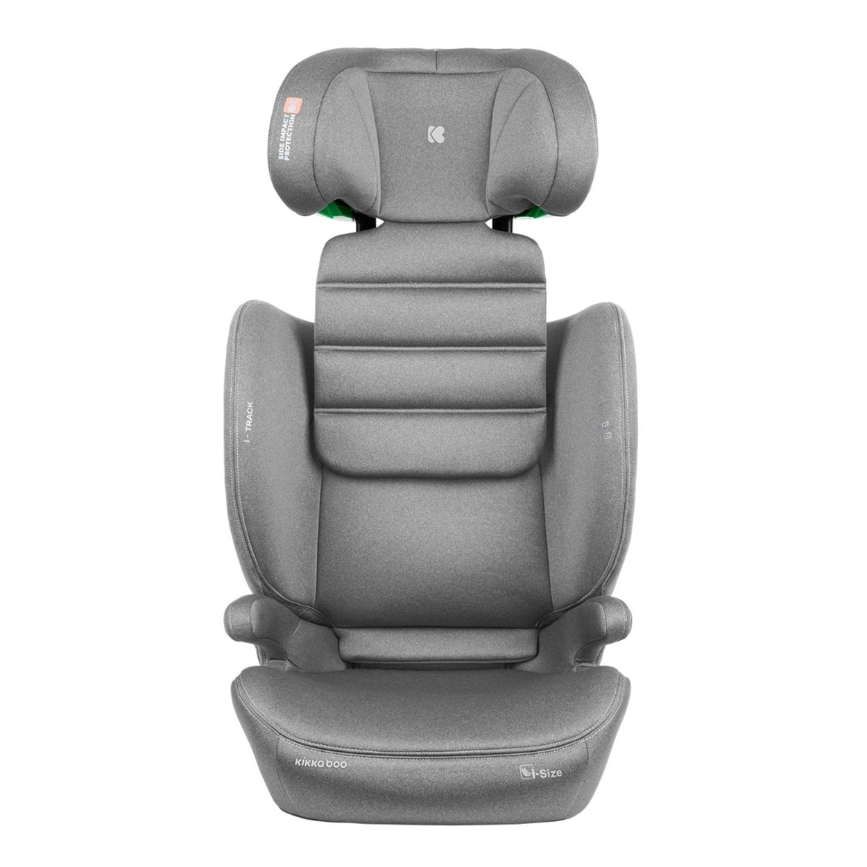 Grauer Autositz mit Kopfstütze, auf weißem Hintergrund. Es ist ein Kikka Boo i-Track Modell. Der Sitz ist aufrecht.