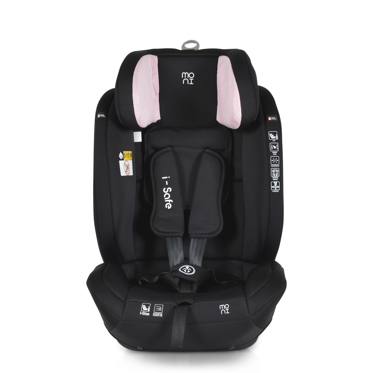 Schwarzer Autositz mit rosa Kopfstütze. Schwarzer Sitz mit rosa Kopfstütze. i-Safe Logo.