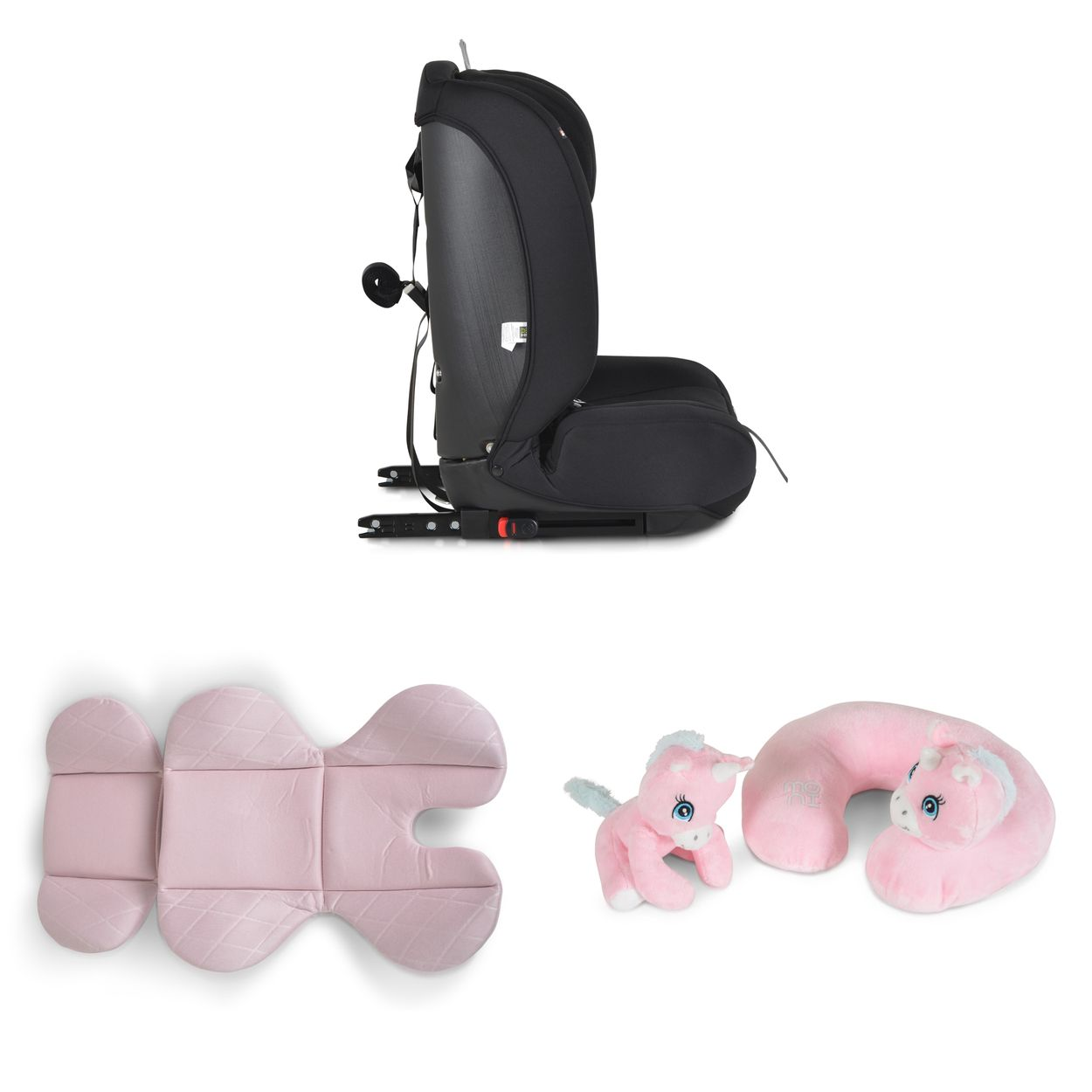 Autositzteile und Einhornspielzeug. Rosa Sitzpolster, rosa Einhornspielzeug und ein Autositz.