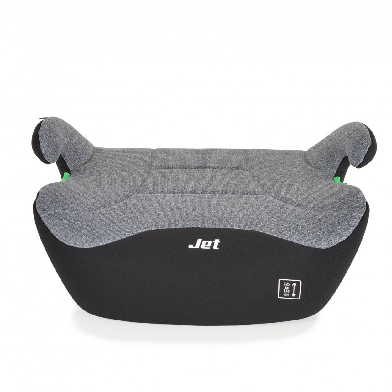 Ein grau-schwarzer Autositzverstärker auf weißem Hintergrund. Er hat eine Kopfstütze und ist mit "Jet" beschriftet.