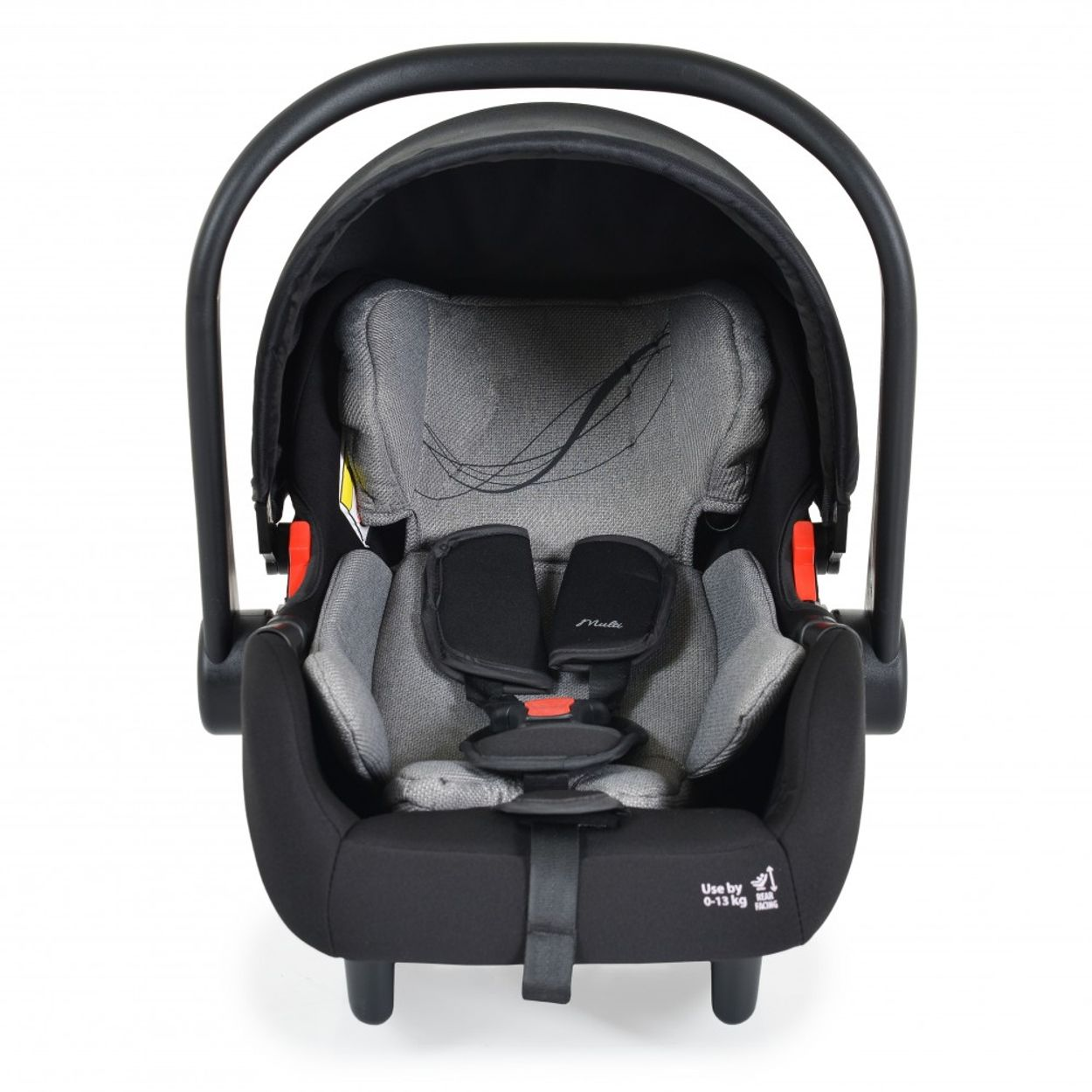 Ein schwarzer Babysitz mit schwarzem Verdeck, Frontansicht. Der Sitz befindet sich auf weißem Hintergrund.