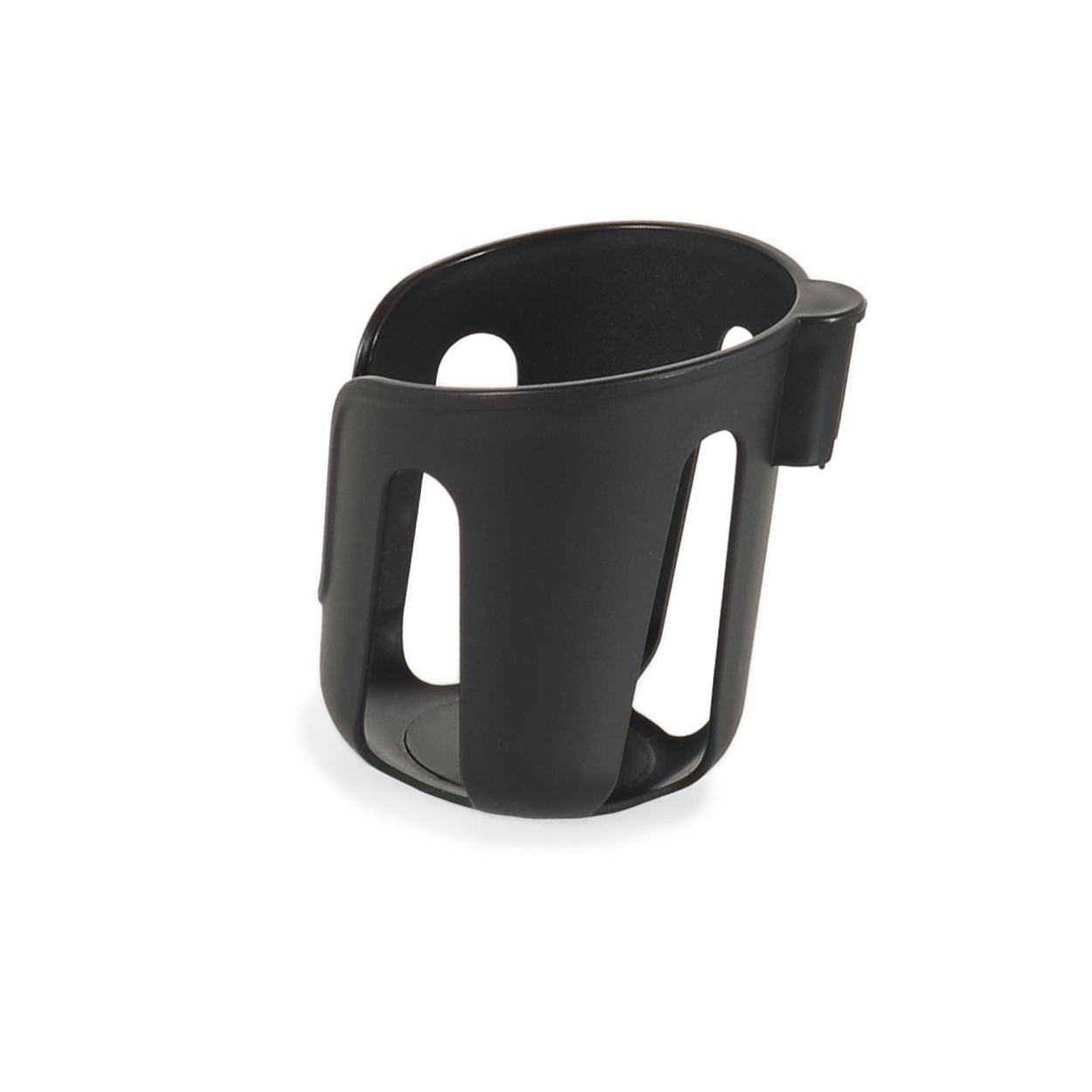 Ein schwarzer Getränkehalter für einen Autositz. Der Halter hat eine gebogene Form mit Loch für den Becher.