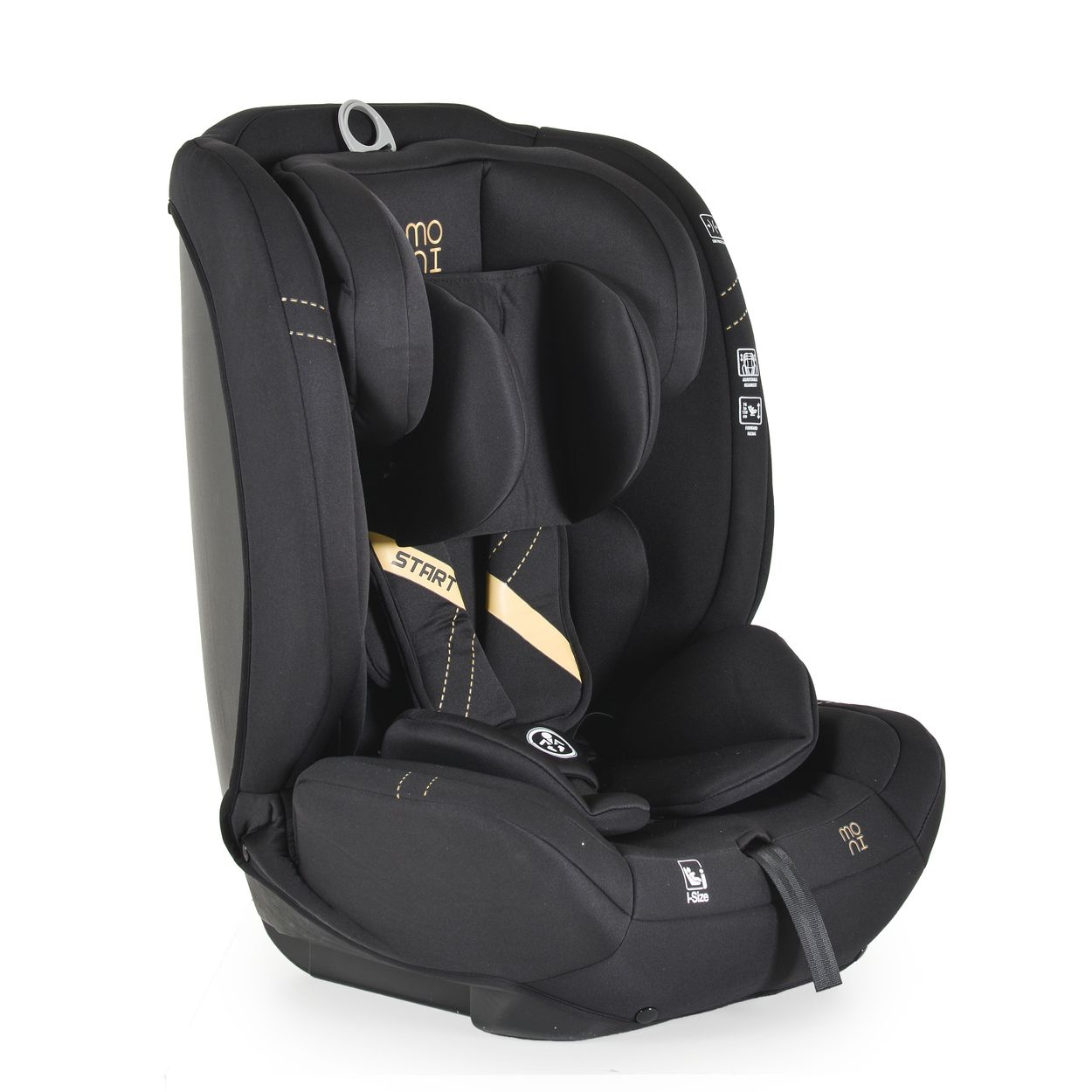 Schwarzer Autositz. Vorderansicht. Start-Etikett ist sichtbar.