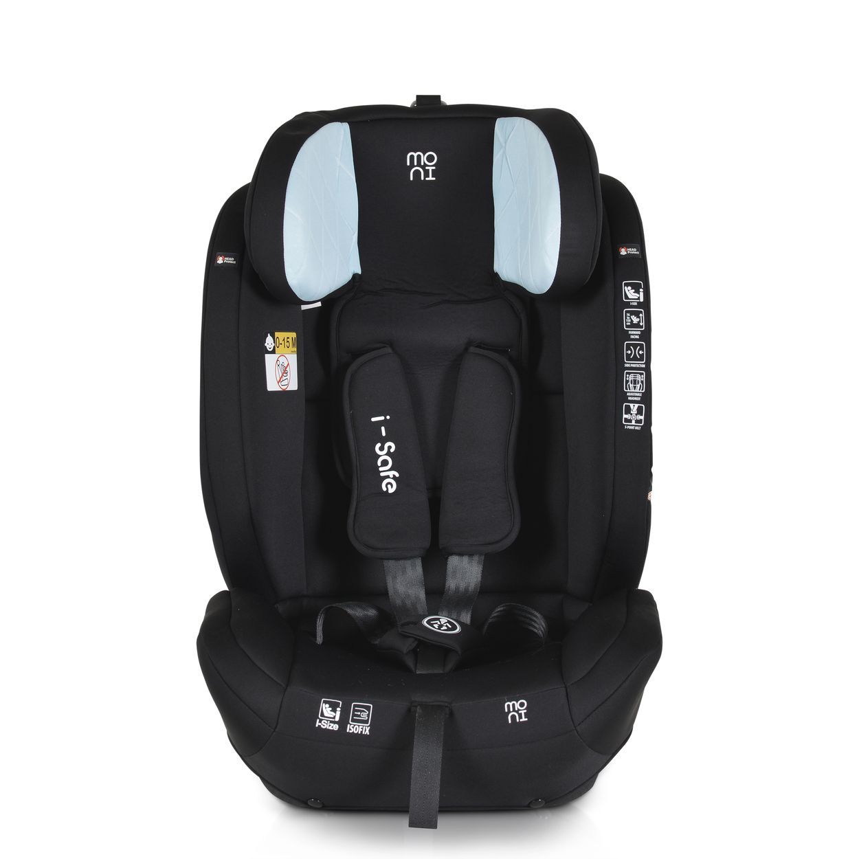 Schwarzer Kindersitz mit blauem Kopfstütze und Gurten. Das Etikett 'i-Safe' ist sichtbar.