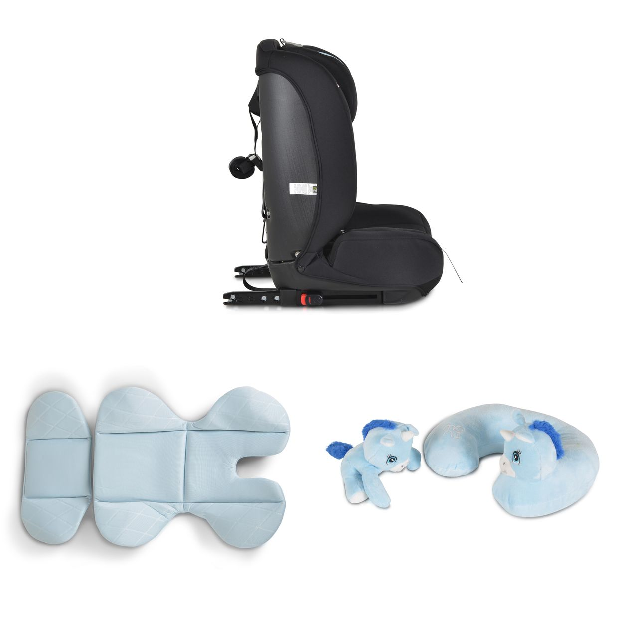 Kindersitz und Zubehör. Enthält eine Seitenansicht des Sitzes und blaue Pferde-Kopfstützen.