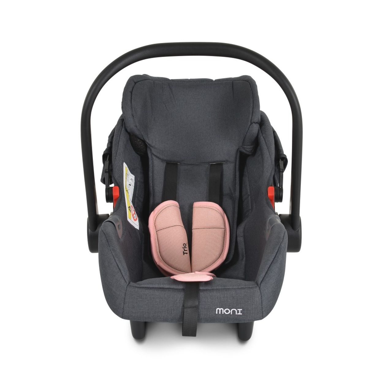 Grauer Babysitz mit rosa Einsätzen und schwarzem Griff. Er steht auf weißem Hintergrund.