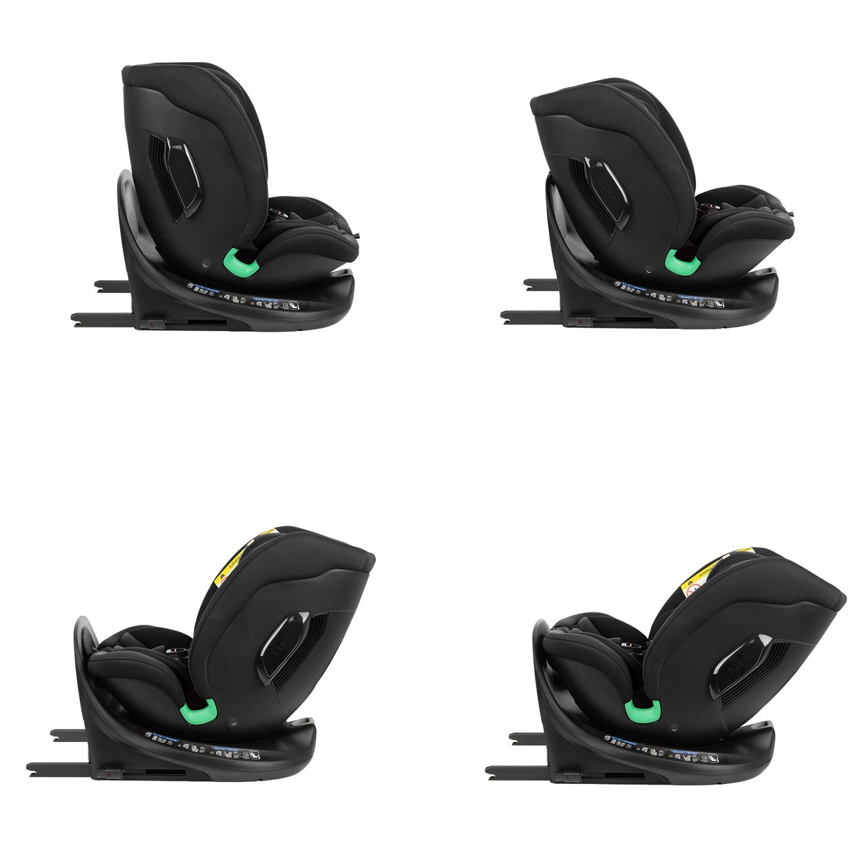 Vier schräge Ansichten eines schwarzen Autositzes, die sein Design und seine Eigenschaften zeigen.
