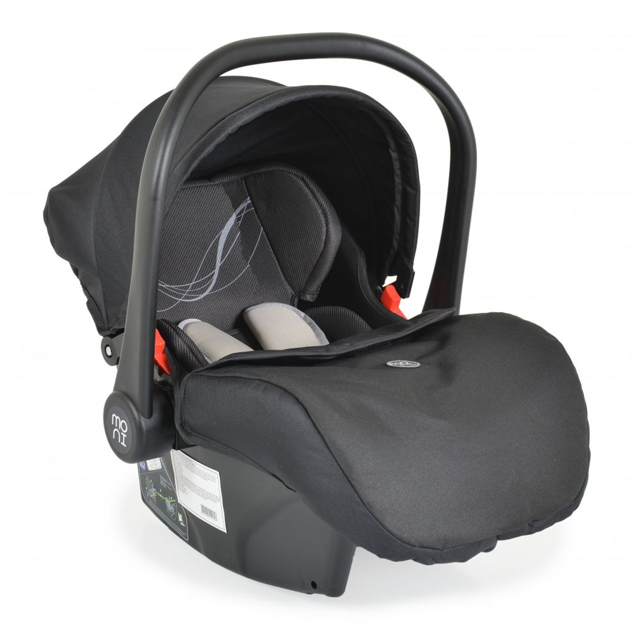 Schwarzer Babysitz mit Griff. Er hat ein schwarzes Verdeck und einen weißen Hintergrund.