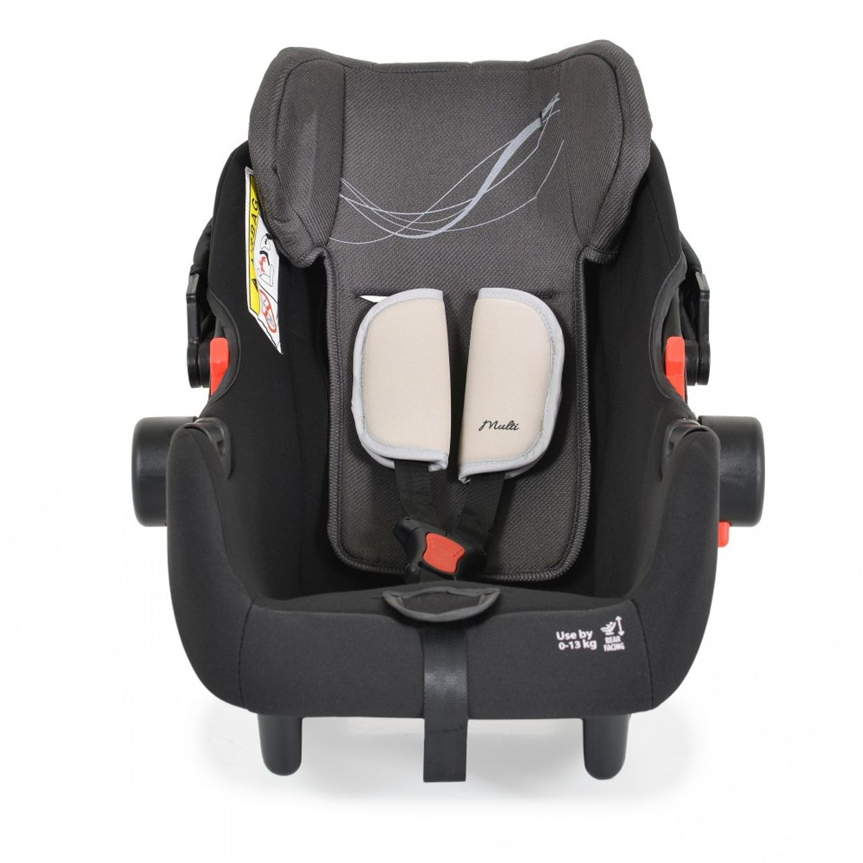 Schwarzer und grauer Babysitz. Er verfügt über eine Kopfstütze, Schultergurte und eine Schnalle.