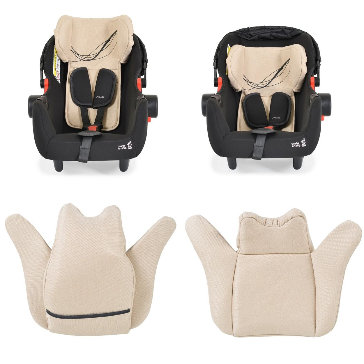 Dos asientos de coche con tela beige y negra. Incluye reposacabezas, arnés y base. Fondo blanco.
