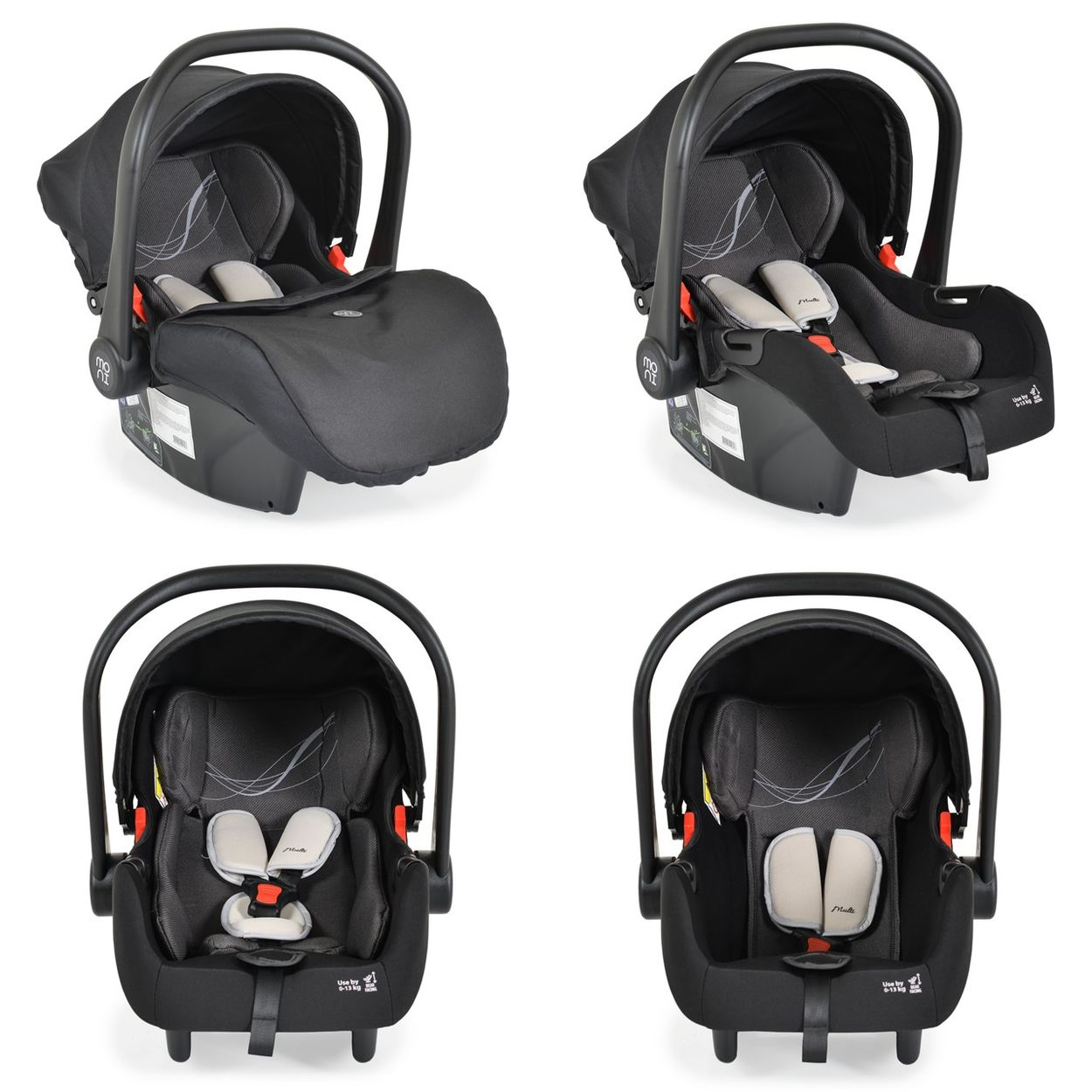 Vier Ansichten eines schwarzen Babysitzes. Beiger Innenraum, schwarzes Verdeck und Griff.