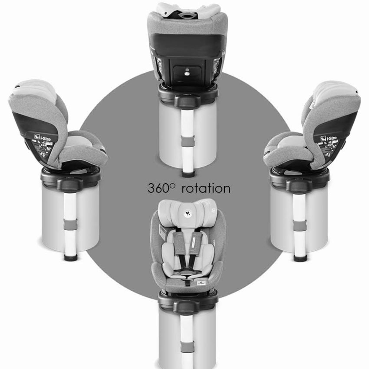 Vier graue Babysitze, die eine 360°-Drehung auf weißen Ständern vor grauem kreisförmigem Hintergrund zeigen.