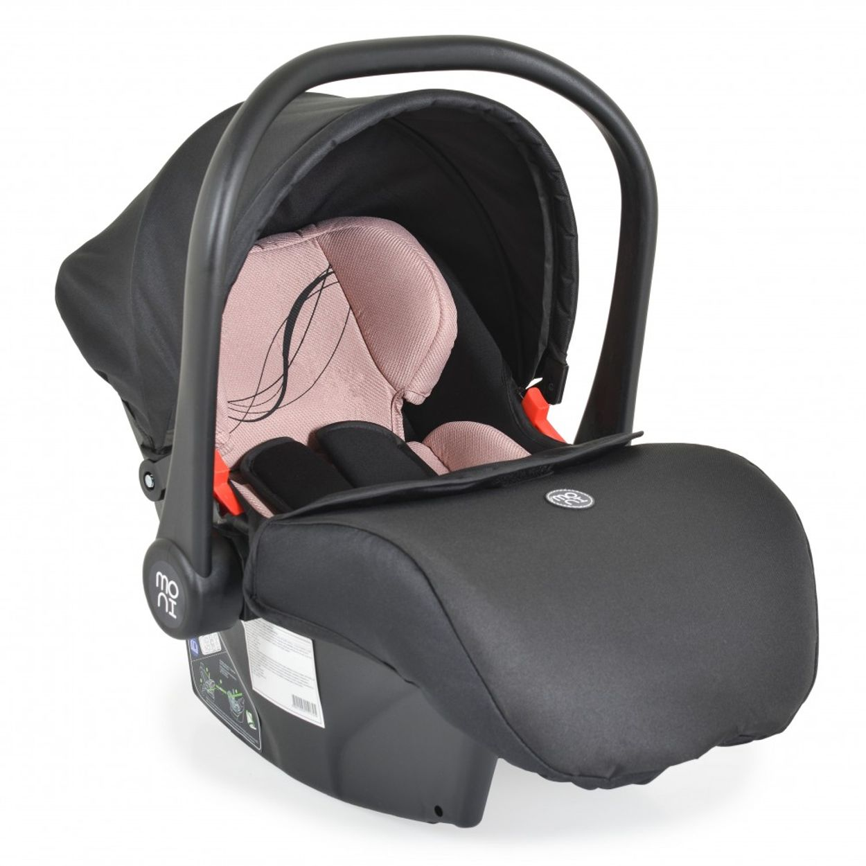 Ein schwarzer Babysitz mit rosa Innenraum, offen mit einer Haube, die die Oberseite bedeckt.