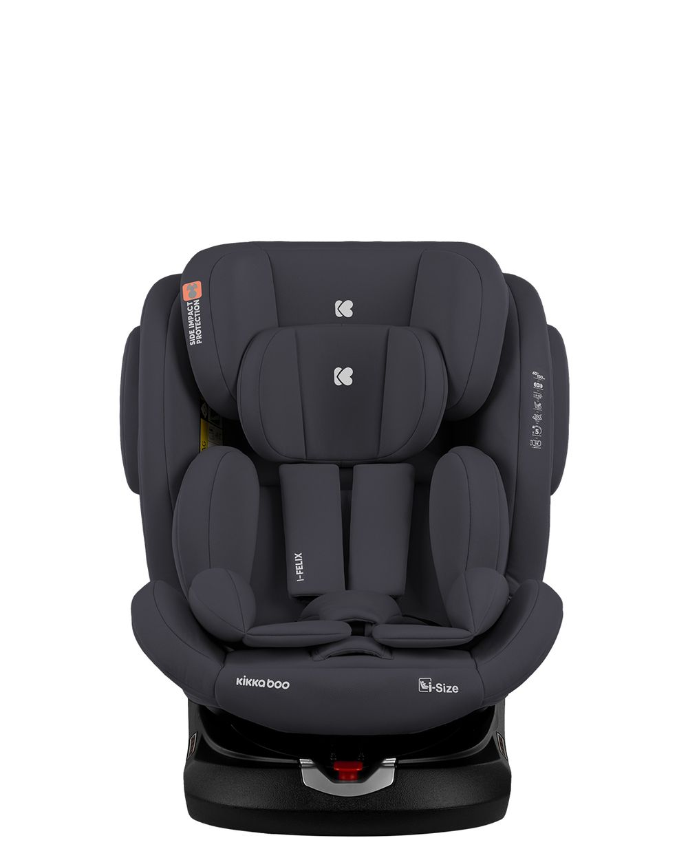 Ein dunkelgrauer Babysitz mit Kopfstütze, der Sitz ist nach vorne gerichtet. Der Hintergrund ist weiß.