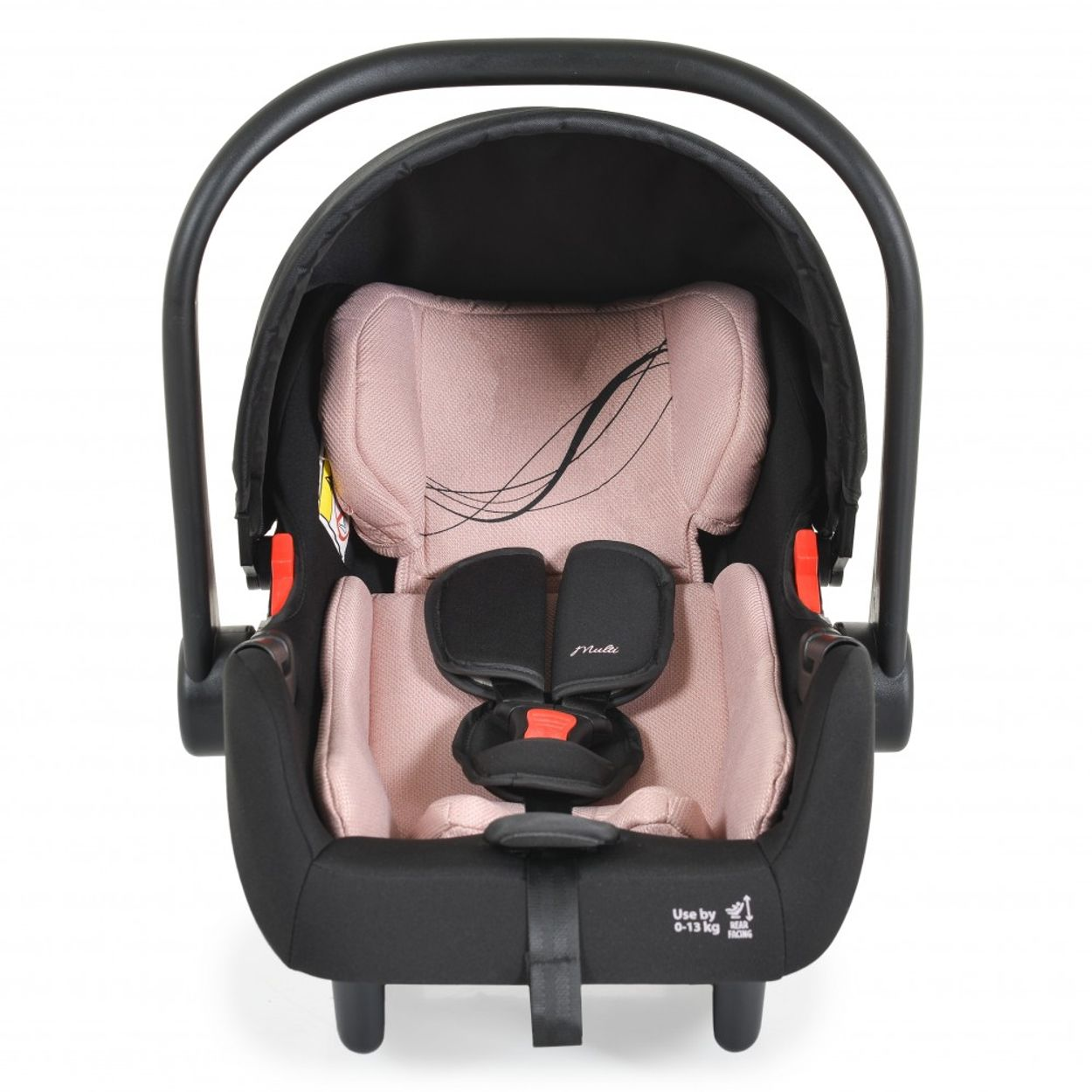 Ein Babysitz, schwarz mit rosa Innenraum, mit schwarzem Verdeck und Tragegriff. Weißer Hintergrund.