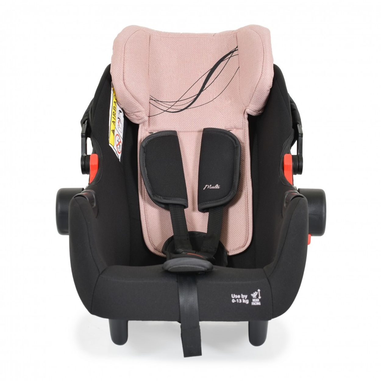 Ein Babysitz, schwarz mit rosa Innenraum, mit schwarzem Verdeck und Tragegriff. Weißer Hintergrund.