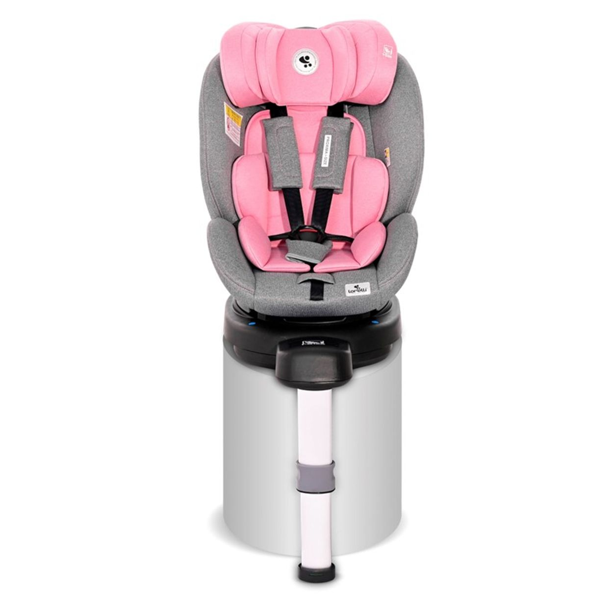 Rosa-grauer Autositz auf weißem zylindrischen Sockel. Kindersitz.