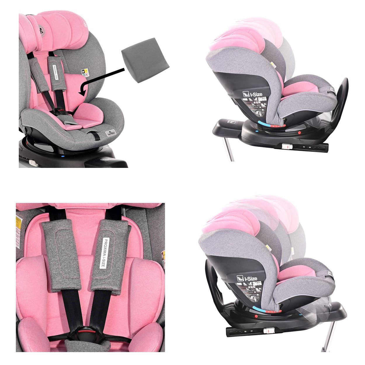 Vier Ansichten eines rosa und grauen Autositzes. Verstellbare Kopfstütze und Gurte.