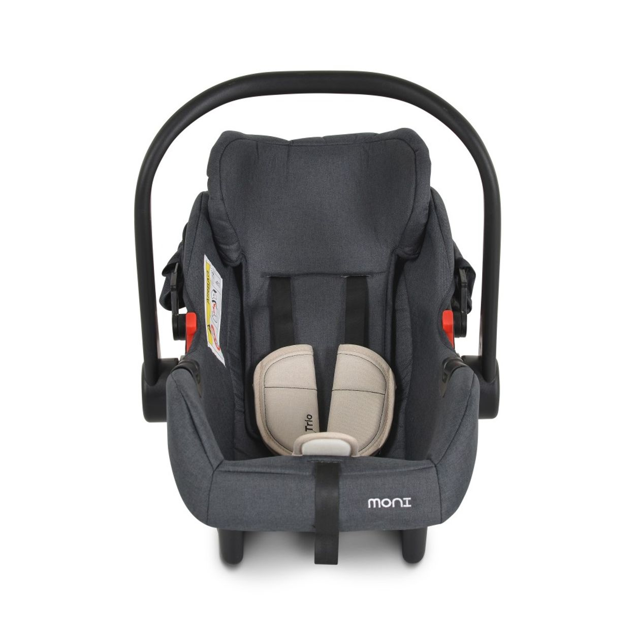 Grauer Babysitz mit Griff. Beiger Einsatz auf weißem Hintergrund.