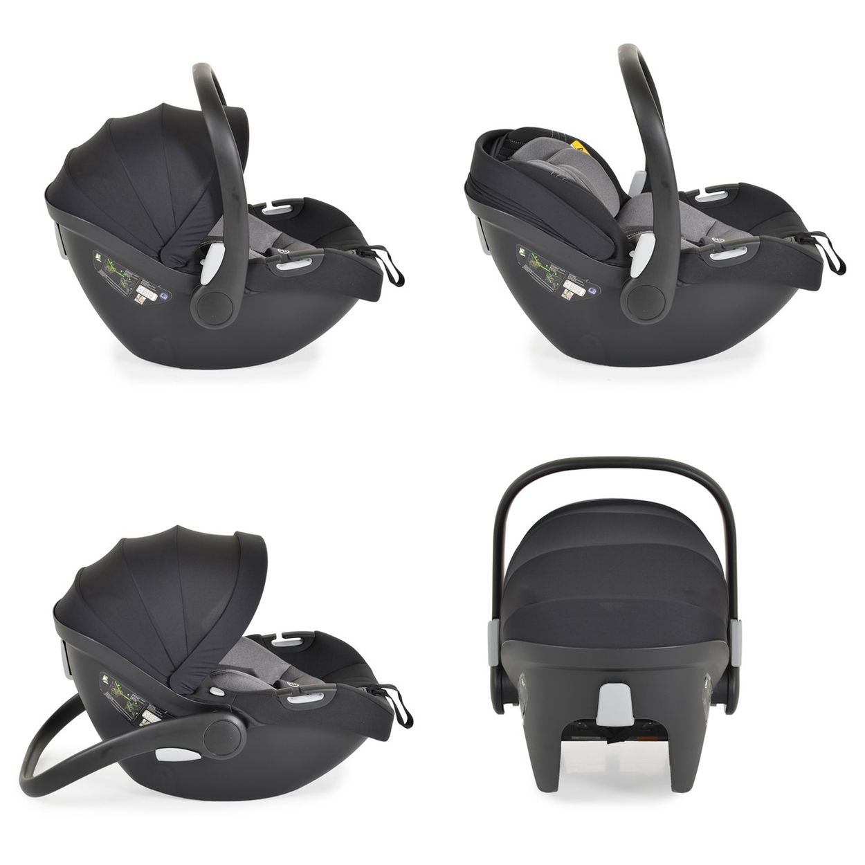 Vier Ansichten eines schwarzen Babysitzes. Griff, Verdeck und Sitz sichtbar.