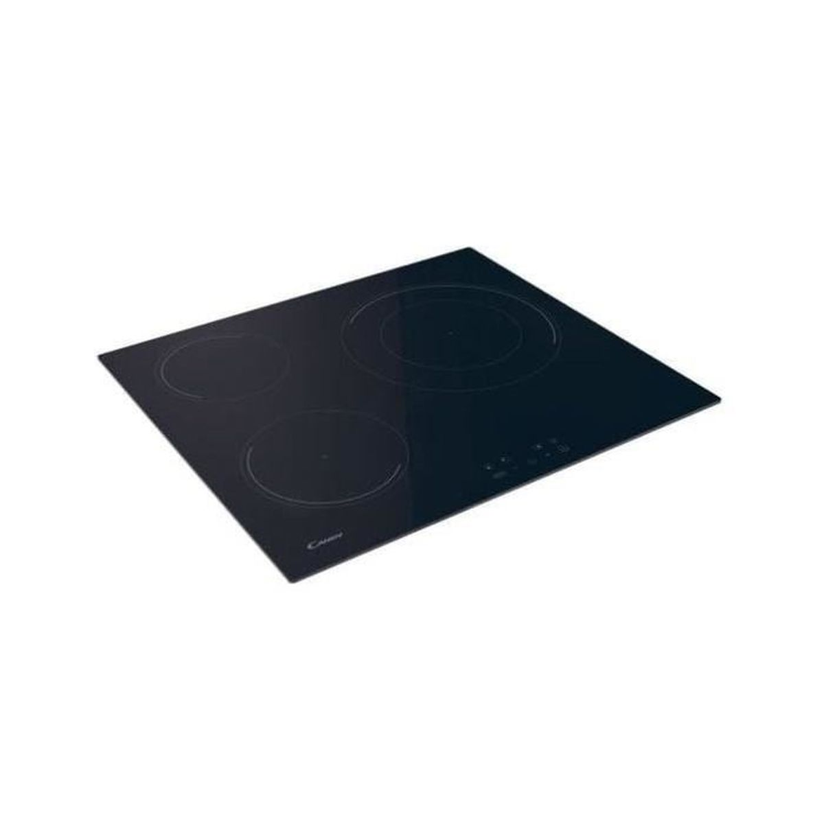 Czarna płyta indukcyjna Candy z 3 okrągłymi strefami gotowania i panelem dotykowym, na białym tle.