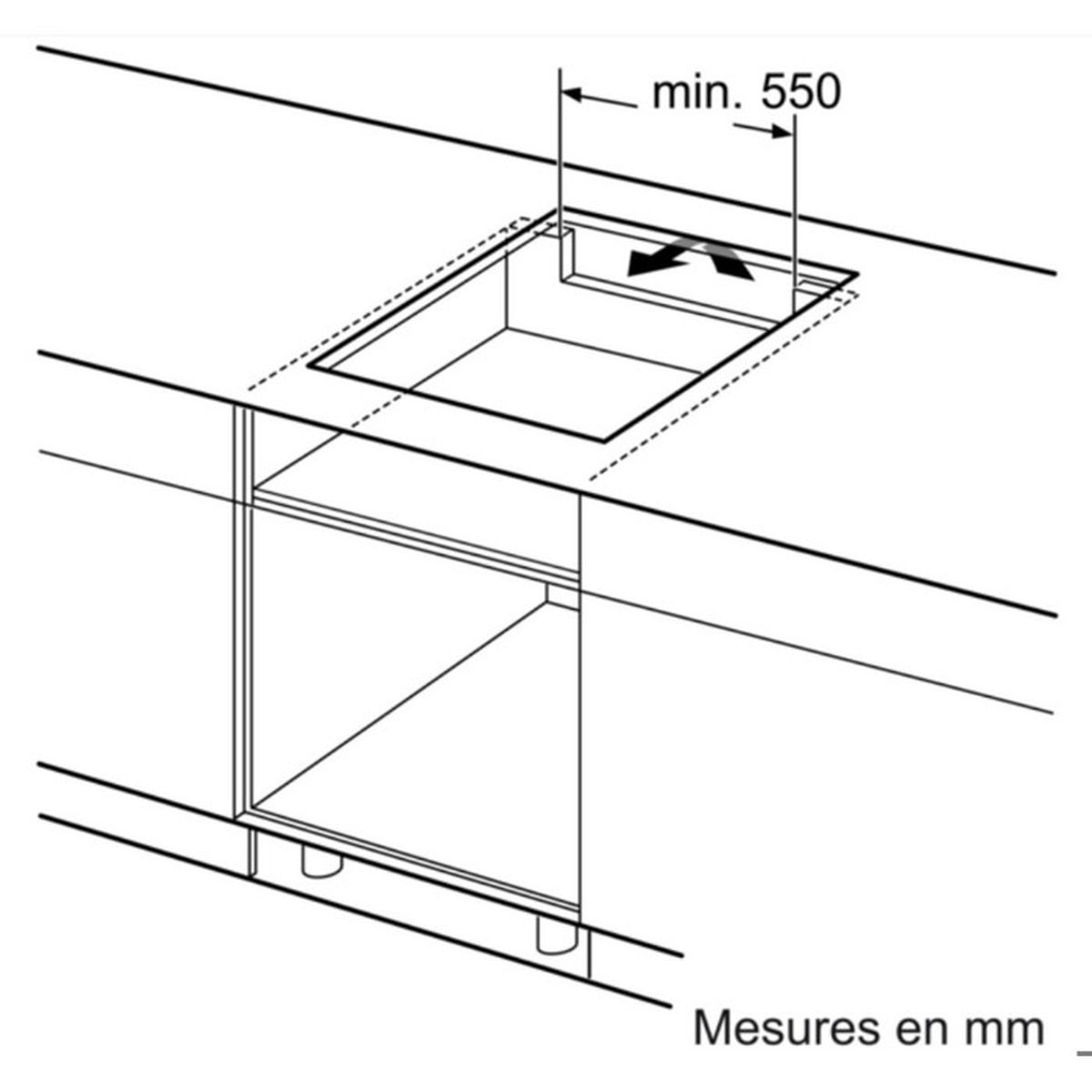 Diagramm eines Einbau-Induktionskochfelds, das die Abmessungen für den Einbau in eine Küchenarbeitsplatte zeigt.