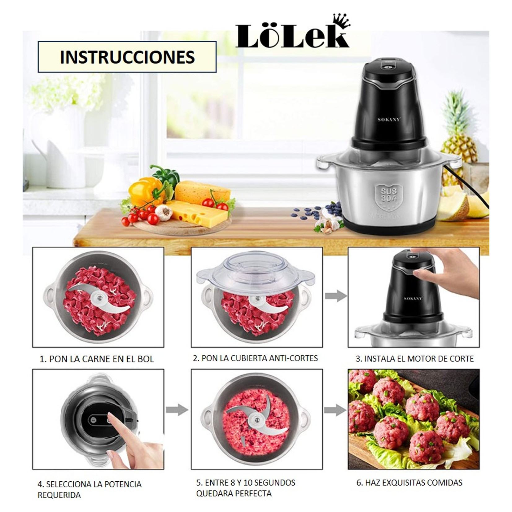 Instrucciones sobre el uso de una picadora de carne Sokany. Los pasos muestran cómo agregar carne, cubrir y ensamblar el motor.