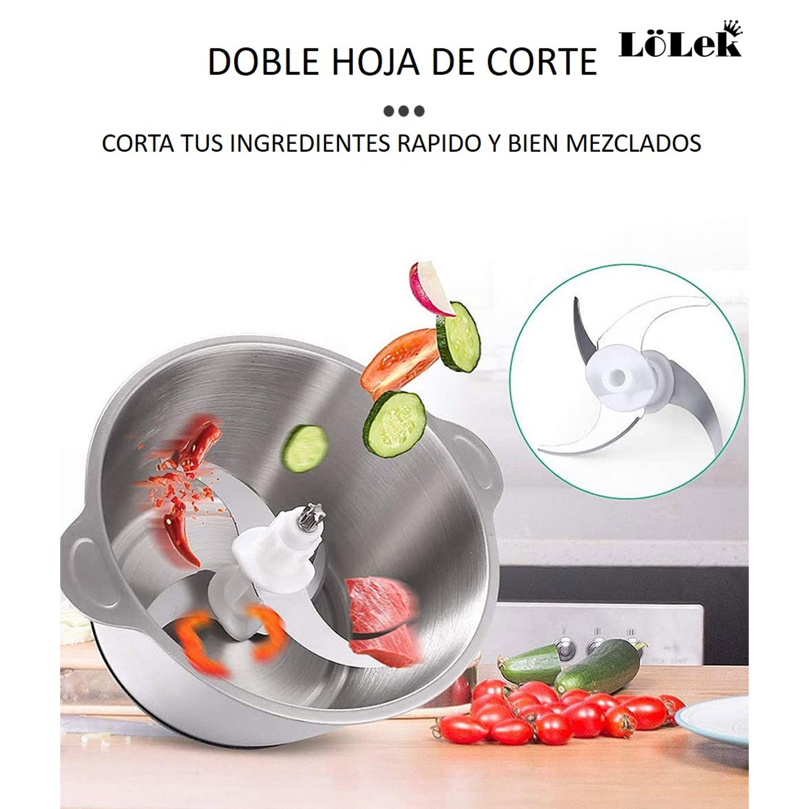Un sistema de cuchillas para picadora de alimentos. Muestra cuchillas e ingredientes como pepinos y tomates, con instrucciones.