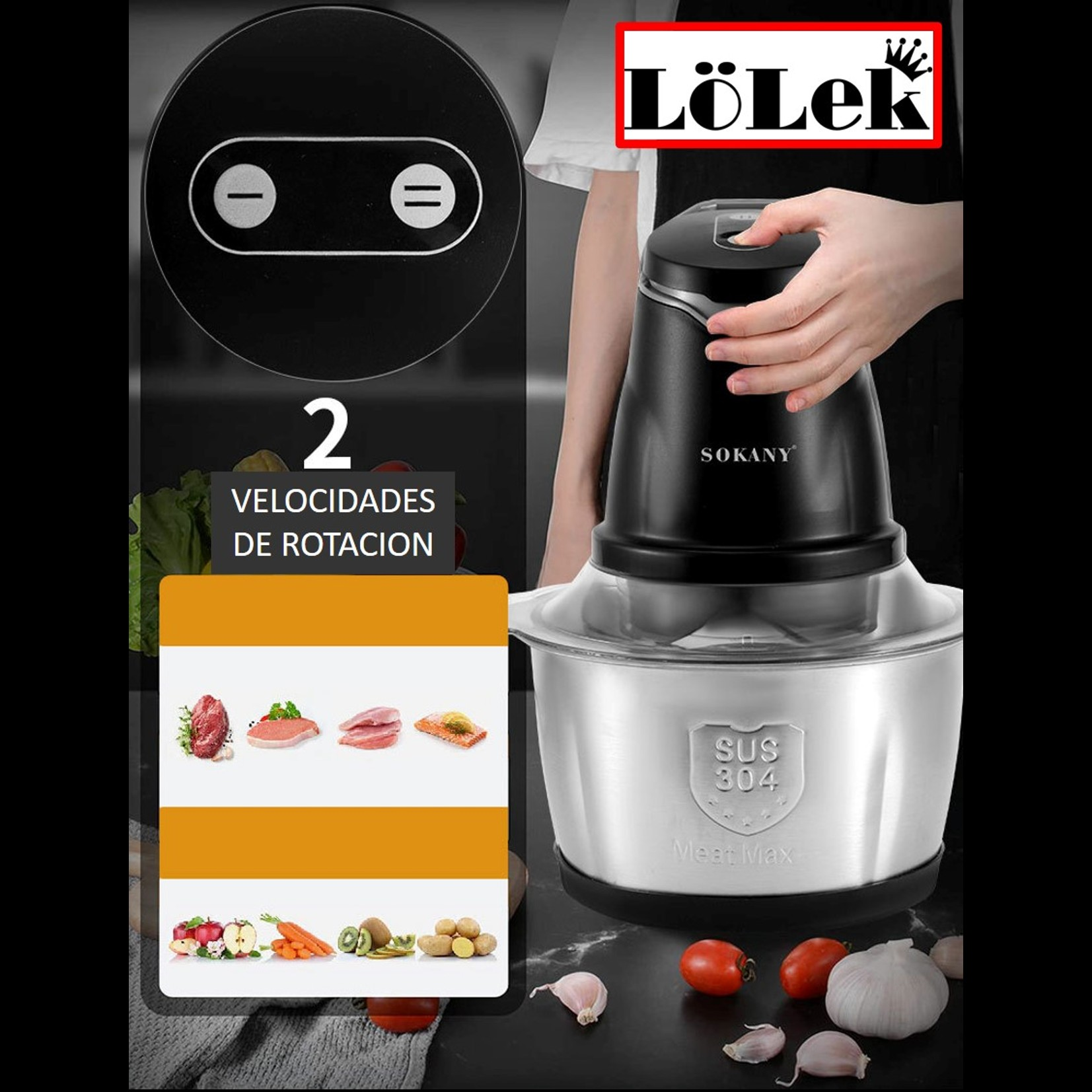 Una picadora de alimentos con texto sobre dos velocidades. Se muestran ingredientes como verduras y carne.