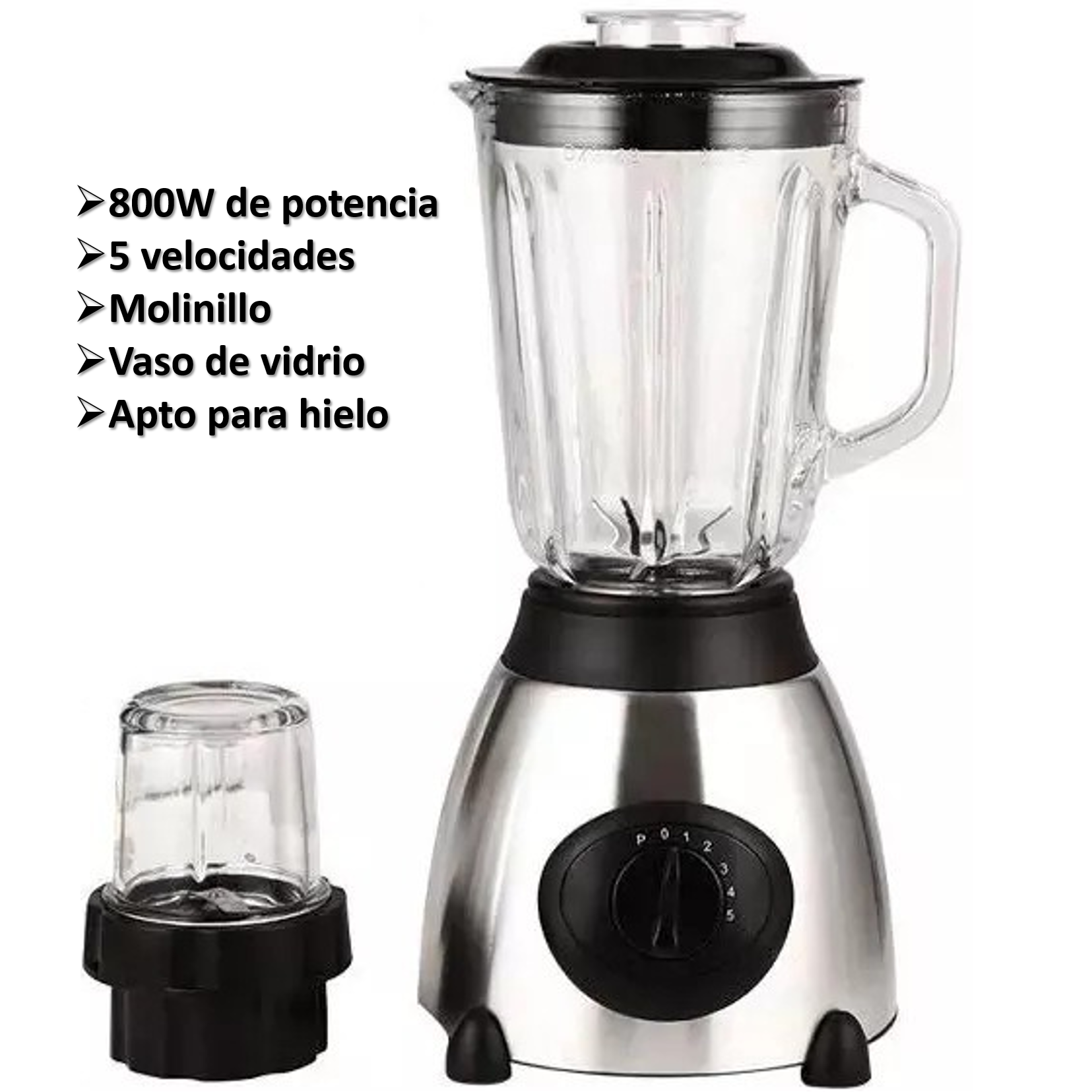 Una licuadora con un vaso pequeño y texto que indica potencia, velocidades, molinillo y recipiente de vidrio, y apto para hielo.