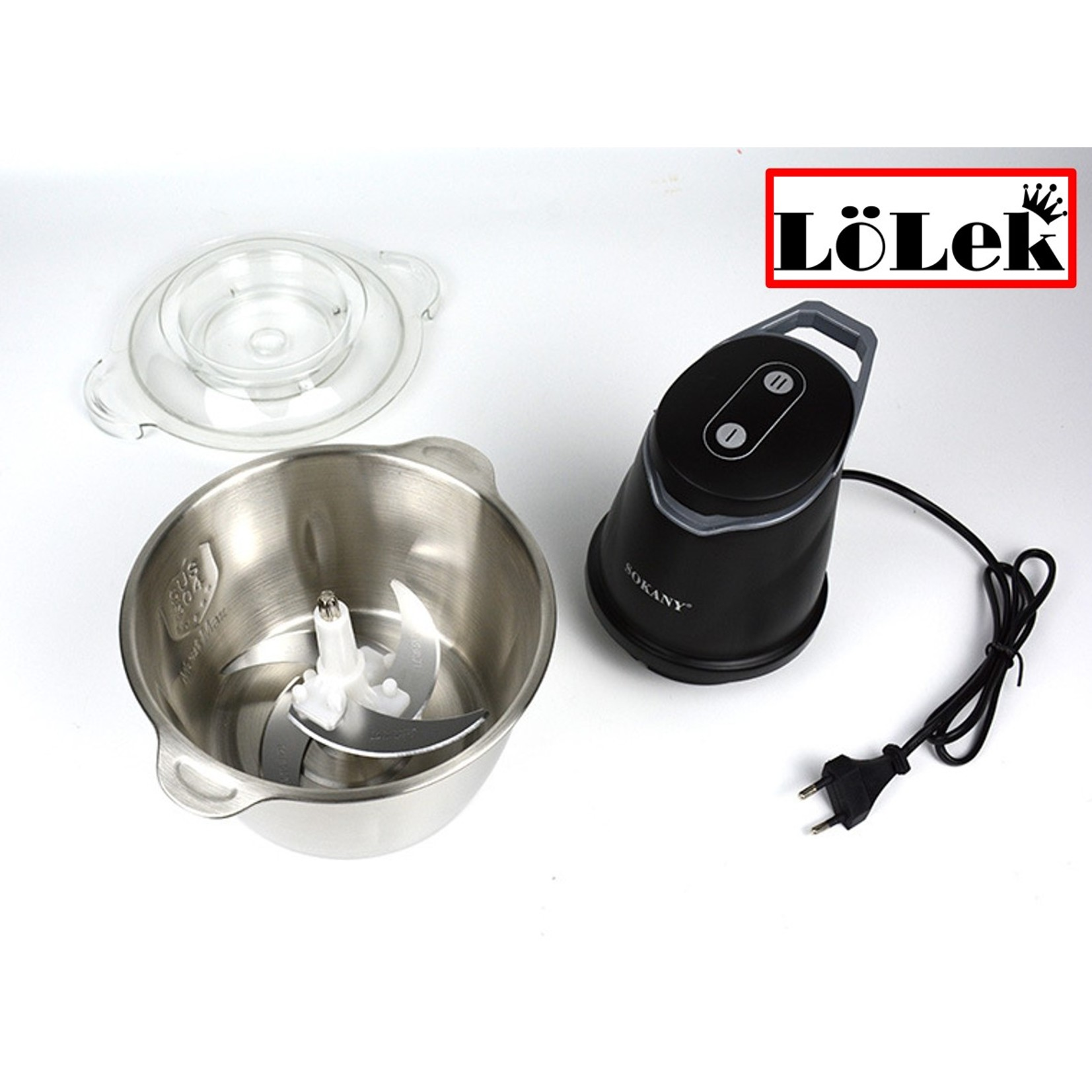 Un picador de alimentos negro con un cuenco de acero inoxidable, una tapa y un cable de alimentación.