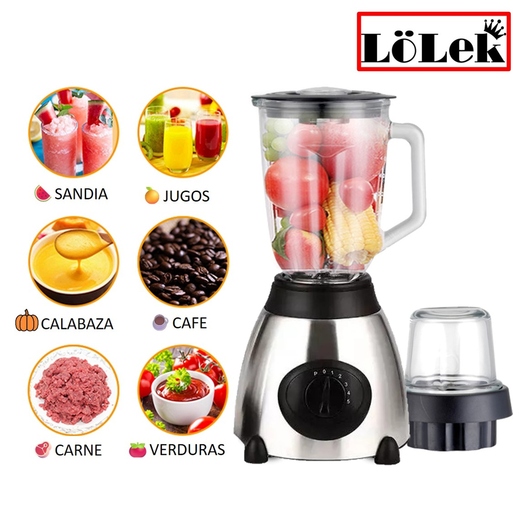 Una licuadora con ingredientes y texto sobre usos como jugo, café y sopa. También muestra ingredientes como carne y verduras.