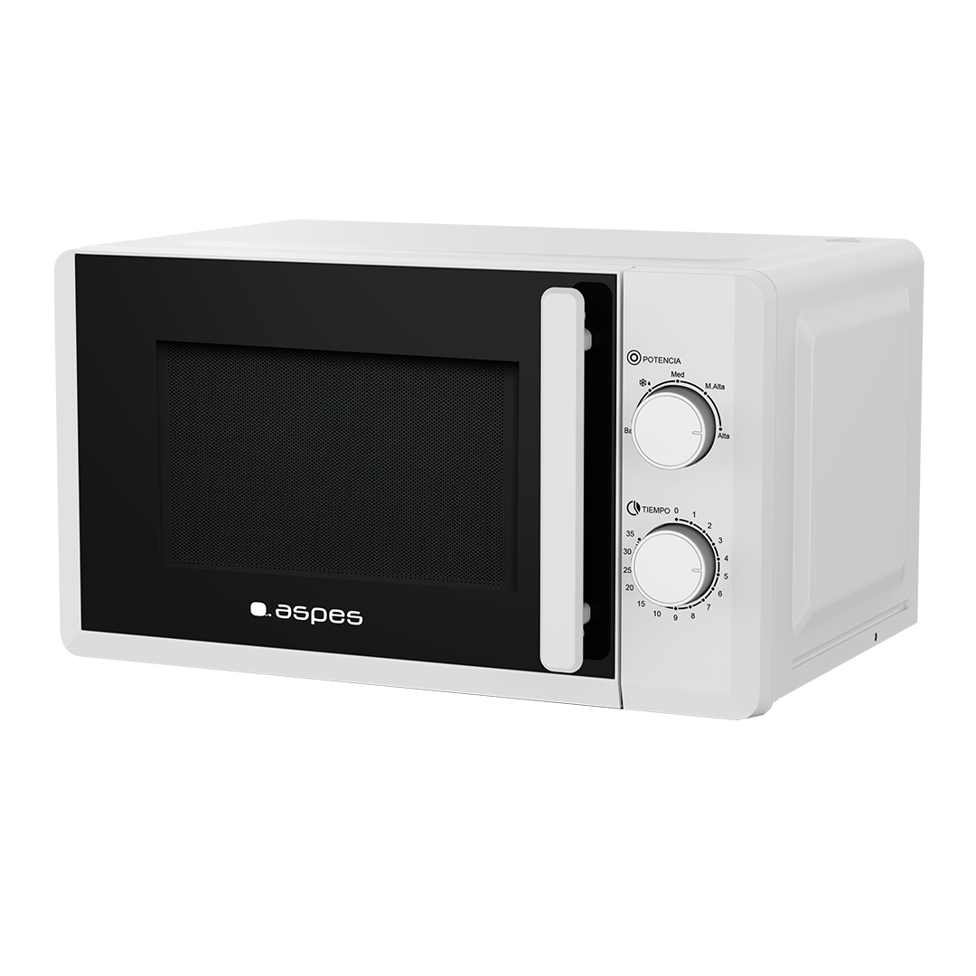 Un horno microondas blanco con puerta negra y perillas de control sobre fondo blanco.