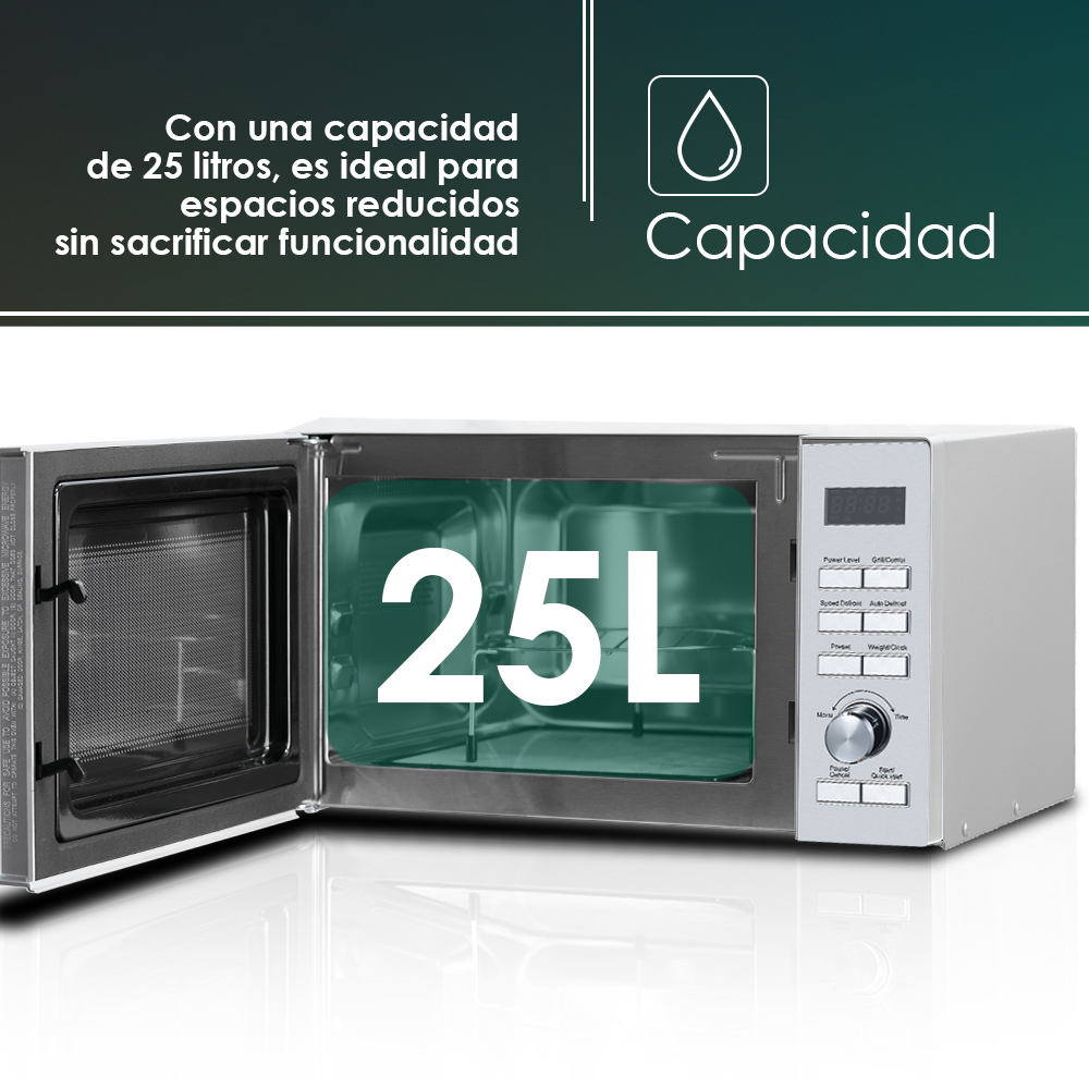 Microonde, porta aperta con 25L. Testo: ideale per spazi ridotti senza sacrificare la funzionalità.