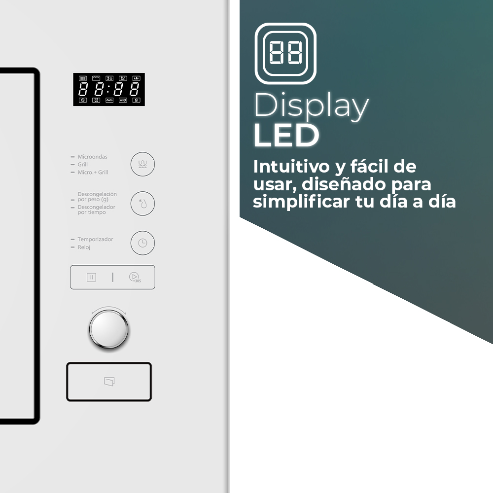 Primer plano del panel de control de un microondas con una pantalla y varios botones.