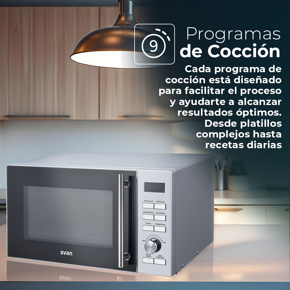 Un forno a microonde su un piano di lavoro, con un design moderno e un'interfaccia utente.