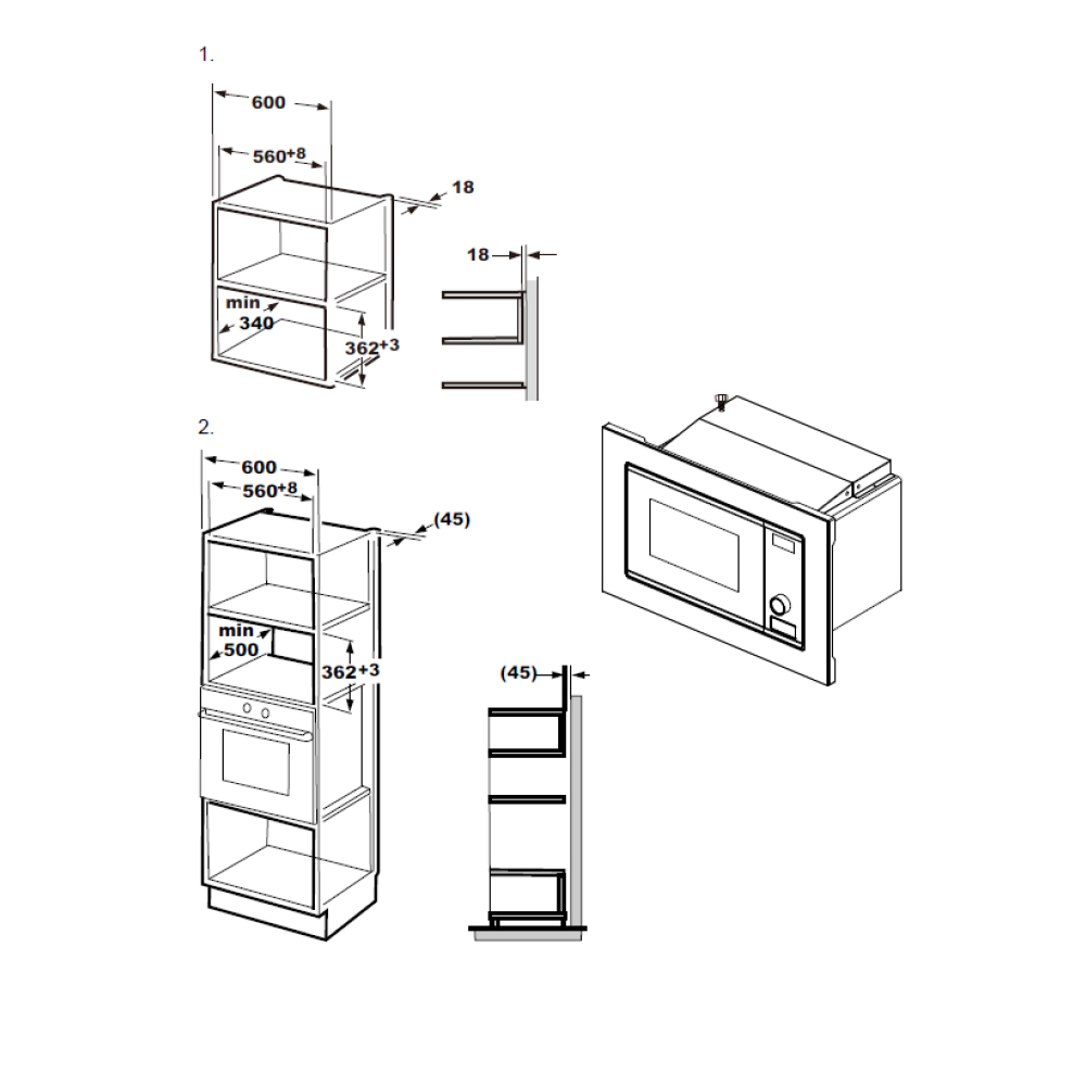 Dibujos técnicos de un horno microondas, que ilustran opciones de instalación y dimensiones.
