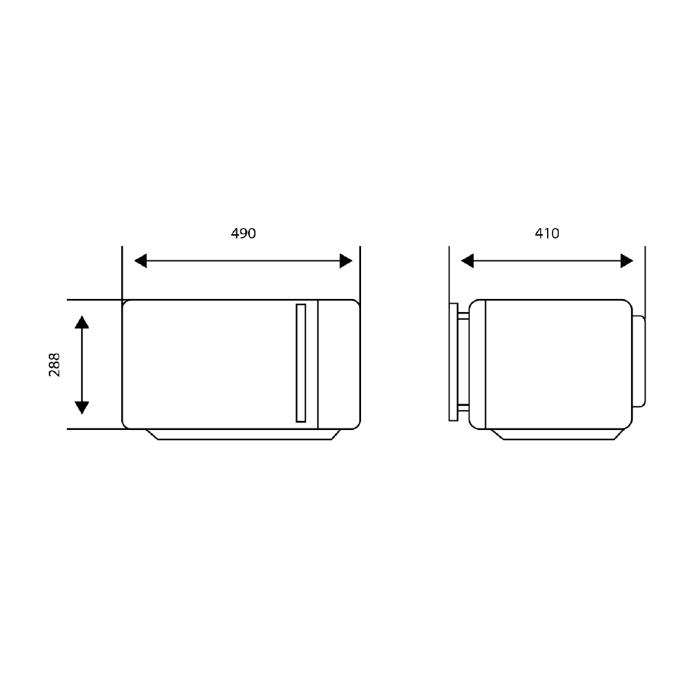 Disegno tecnico di un microonde. Viste dall'alto e laterale con dimensioni: 490x288 e 410x288.