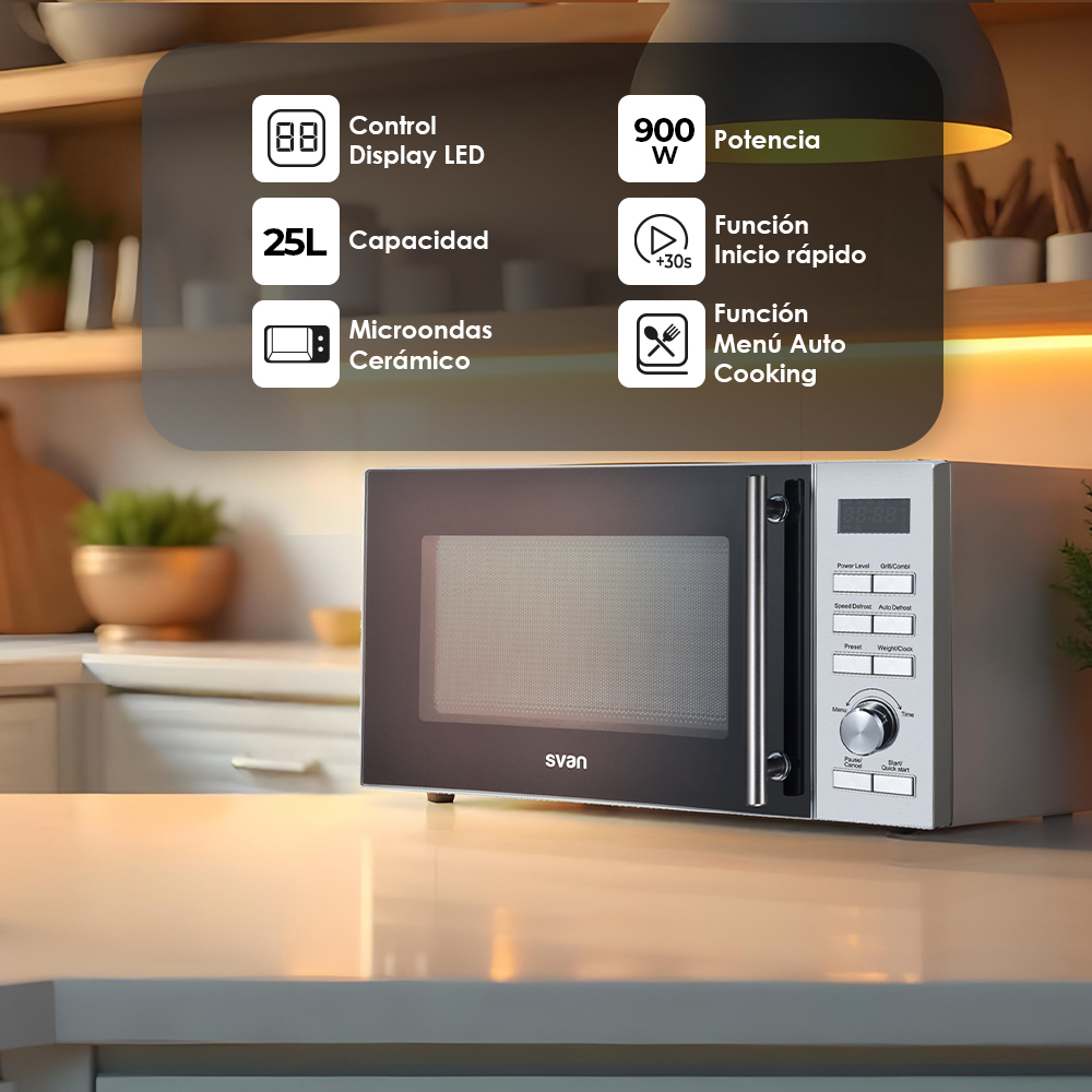 Un microonde su un bancone della cucina, con display e testo che dettagliano le caratteristiche.