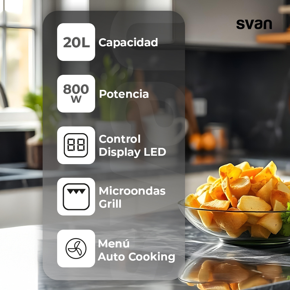 Microondas con iconos de funciones, un bol de comida y un fondo borroso.