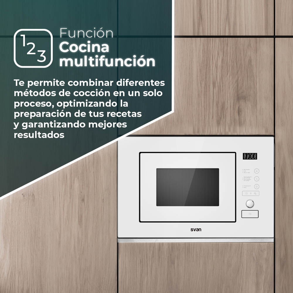Horno microondas blanco con pantalla digital, colocado cerca de un armario de madera.