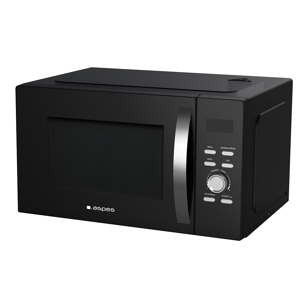 Microondas negro con asa y panel de control plateados. La marca 'aspes' está en la parte inferior izquierda.