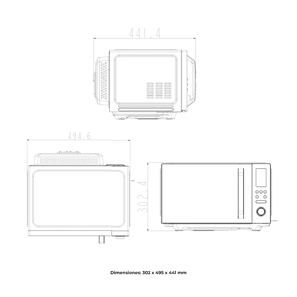 Dibujo técnico de un horno microondas. Vistas superior, frontal y lateral con dimensiones en mm.