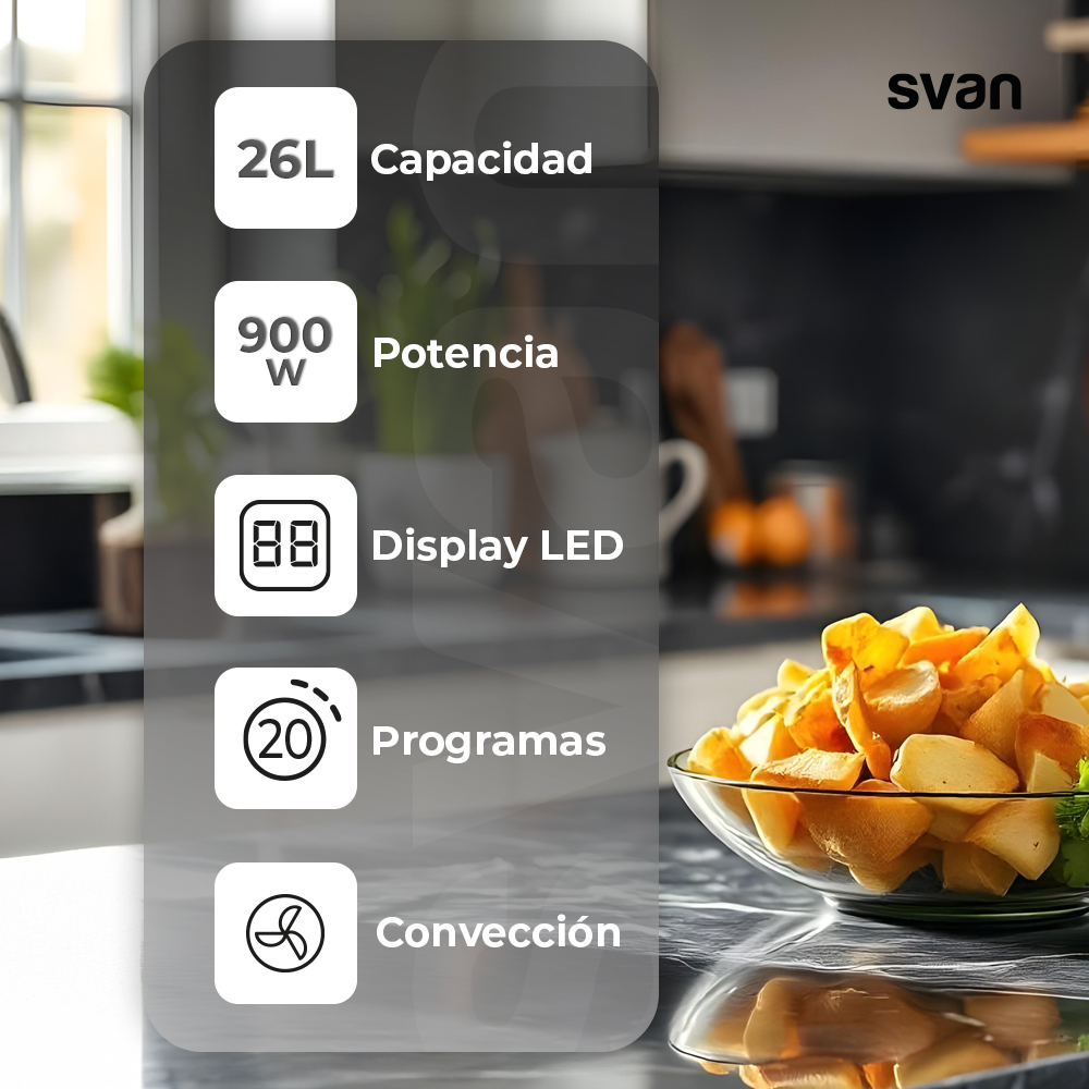 Imagen mostrando características de un microondas: capacidad, potencia, pantalla LED, programas, función de convección.