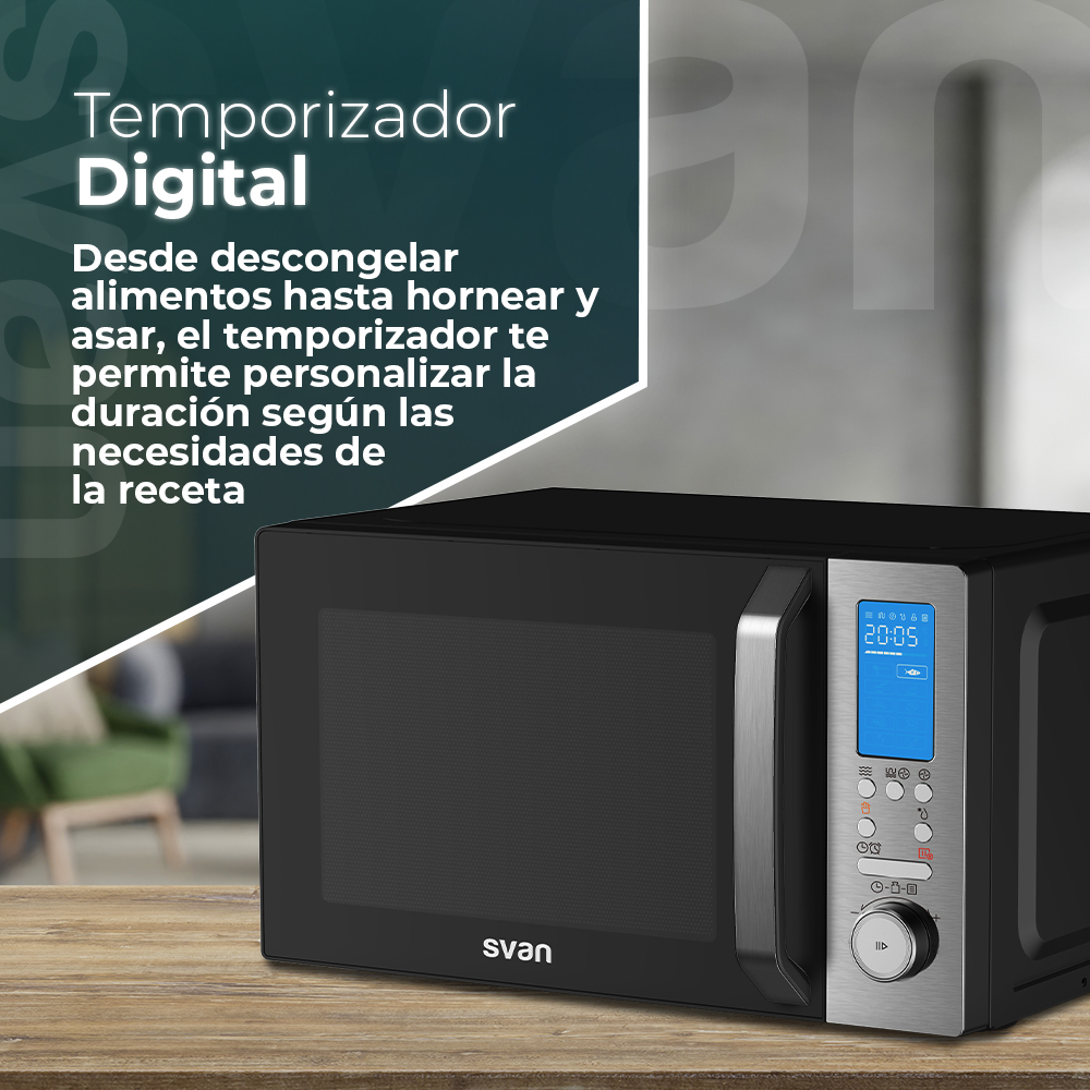 Microondas negro sobre superficie de madera, con pantalla azul. Texto indica temporizador.